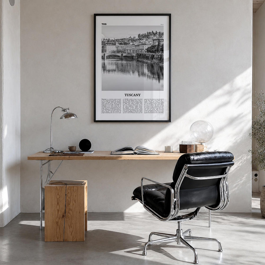 Tuscany no. 2 black & white newspaper poster of Italy – vertical wall art in black wood frame, hanging on wall