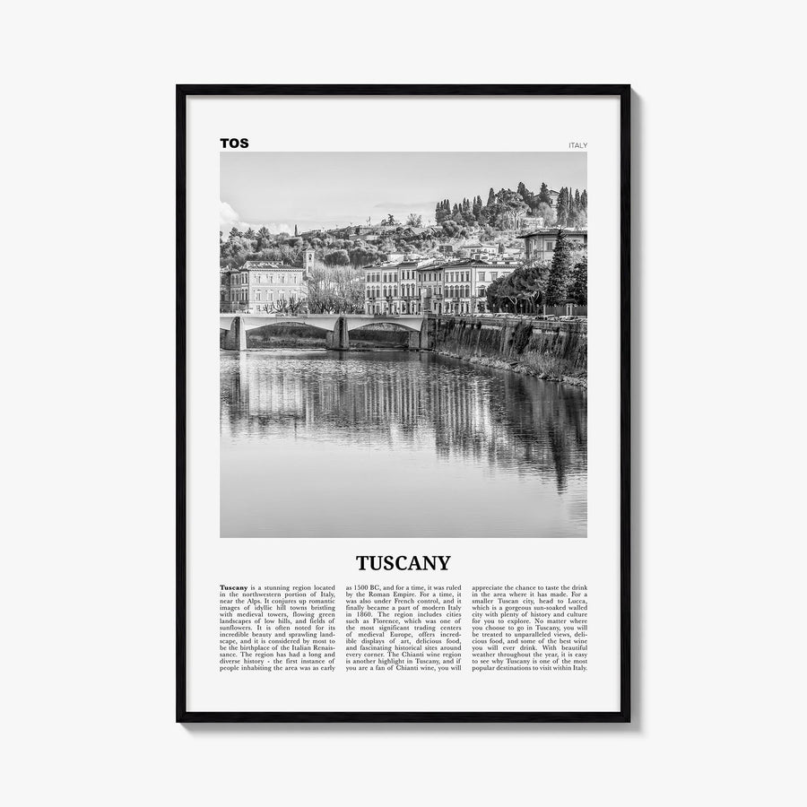 Tuscany no. 2 black & white newspaper poster of Italy – vertical wall art, unframed print shown in interior mockup