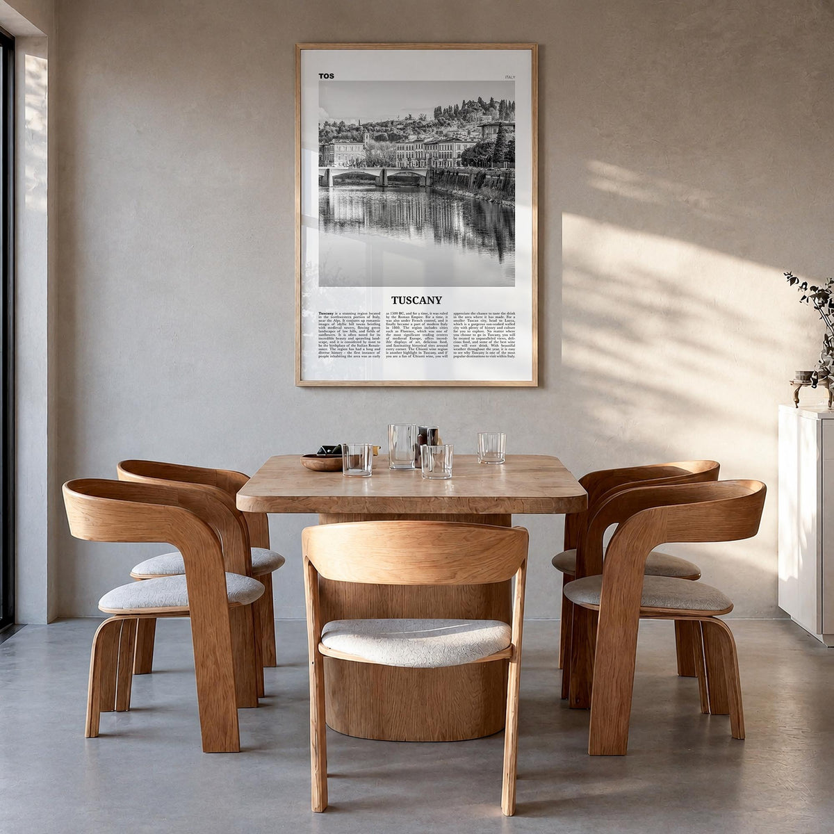 Tuscany no. 2 black & white newspaper poster of Italy – vertical wall art in natural wood frame, hanging on wall