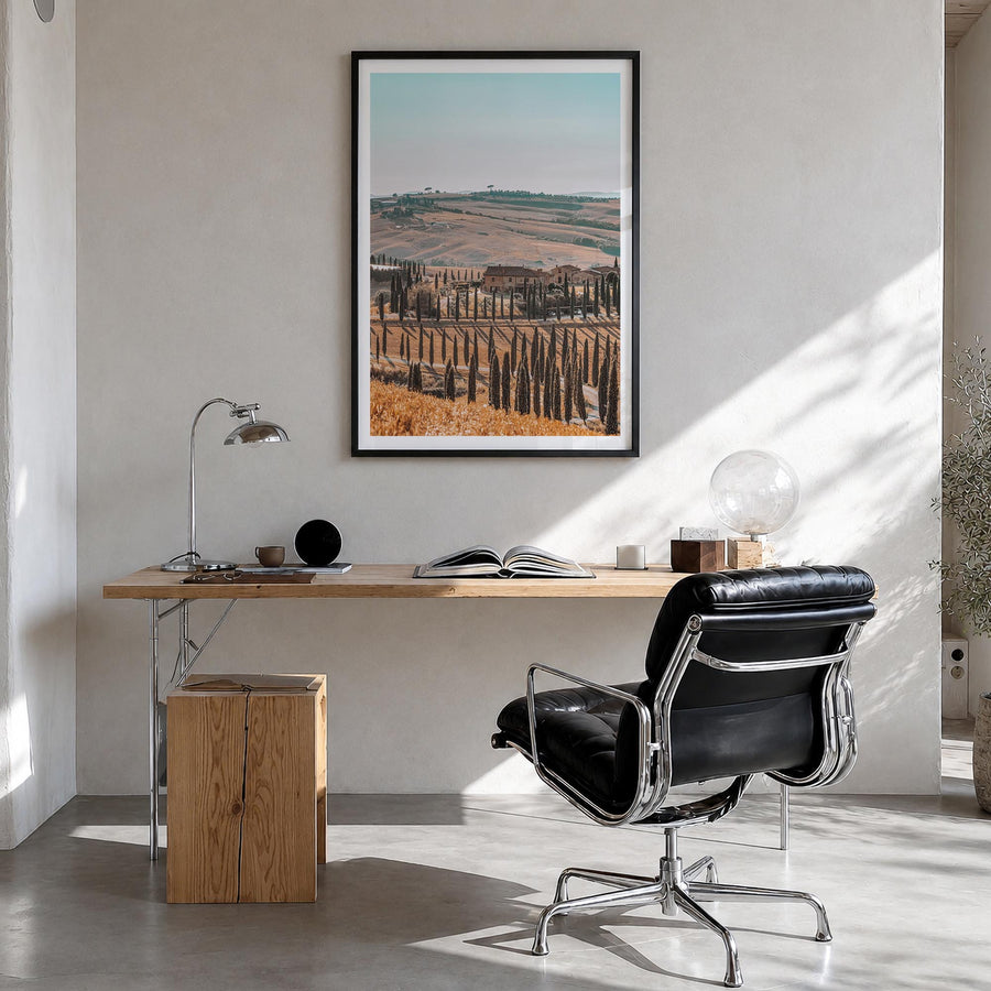 Tuscany no. 2 colorful photo poster of Italy – vertical wall art in black wood frame with white border, hanging on wall