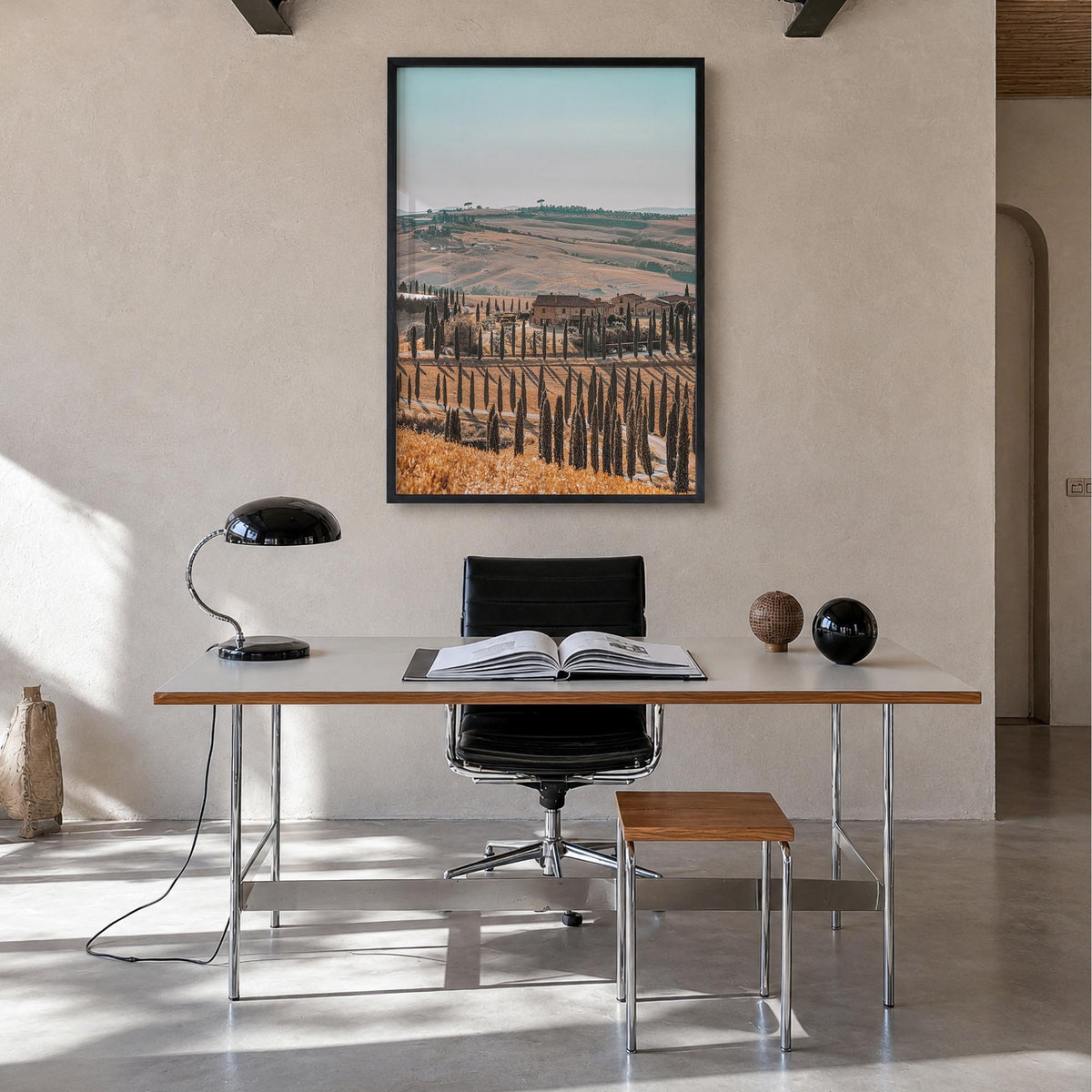 Tuscany no. 2 colorful photo poster of Italy – vertical wall art in black wood frame, hanging on wall