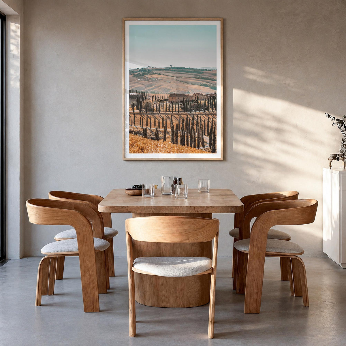 Tuscany no. 2 colorful photo poster of Italy – vertical wall art in natural wood frame with white border, hanging on wall