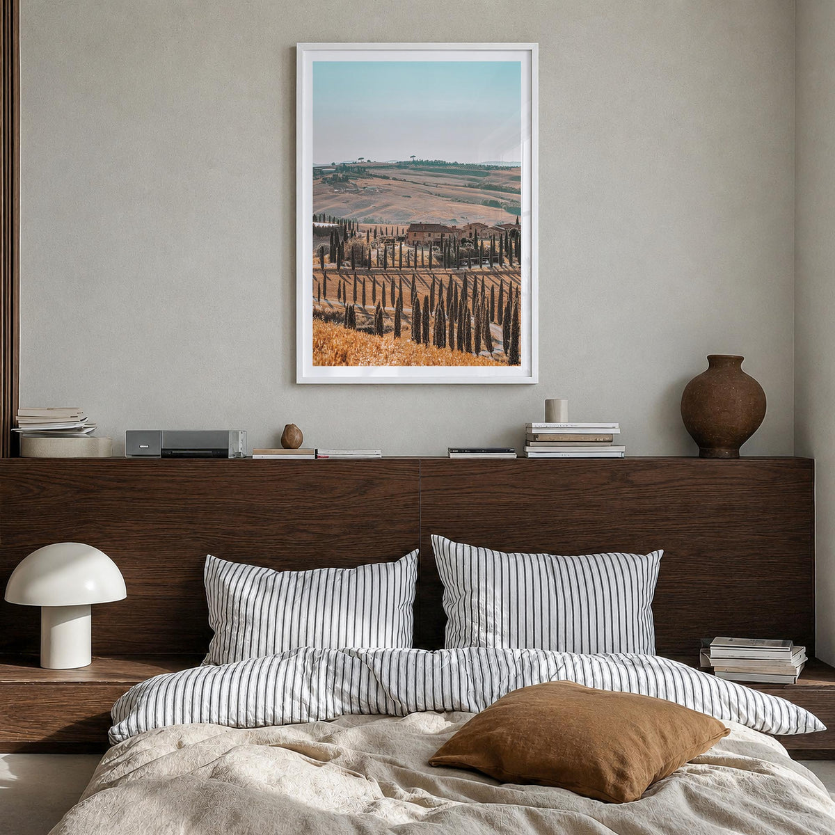 Tuscany no. 2 colorful photo poster of Italy – vertical wall art in white wood frame with white border, hanging on wall