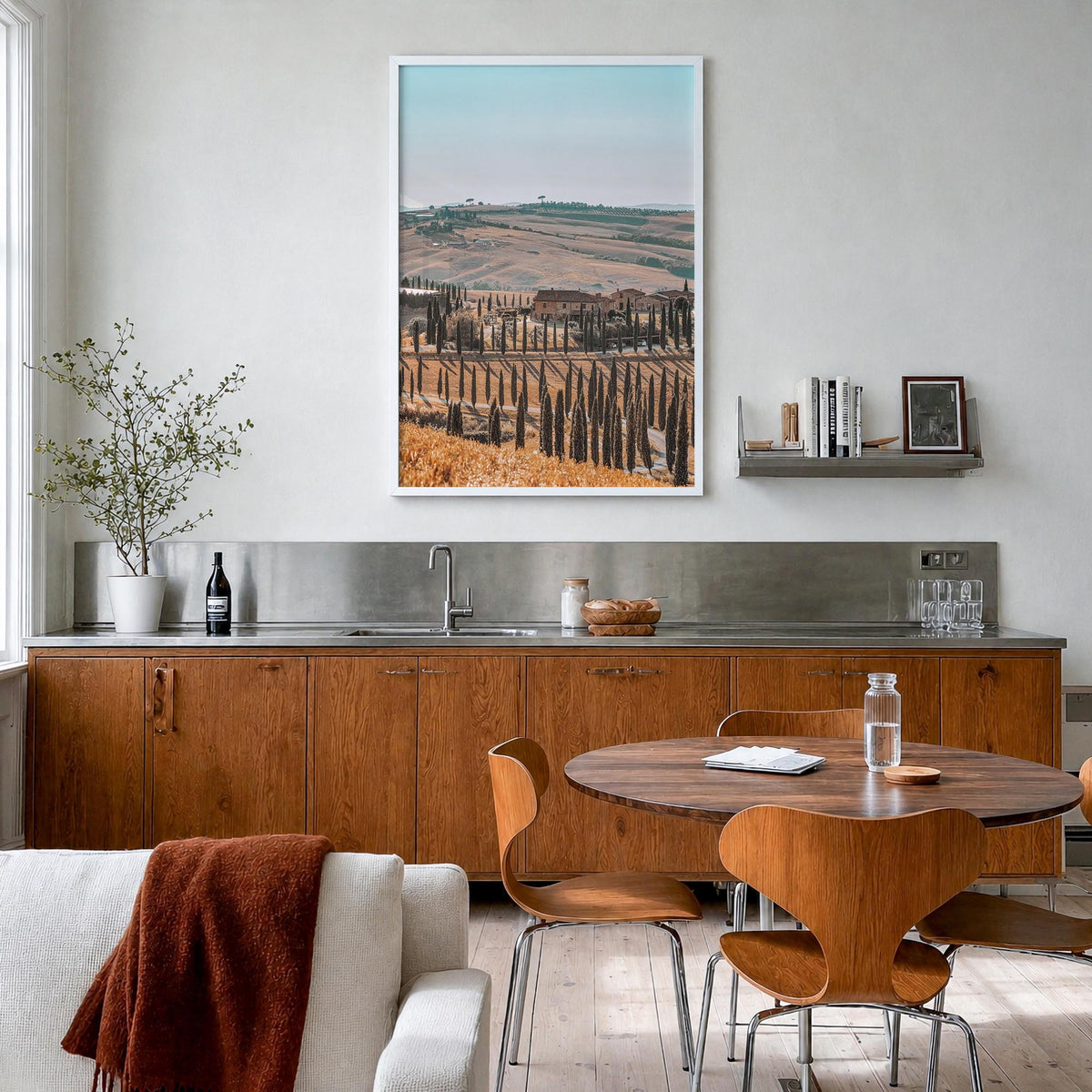 Tuscany no. 2 colorful photo poster of Italy – vertical wall art in white wood frame, hanging on wall