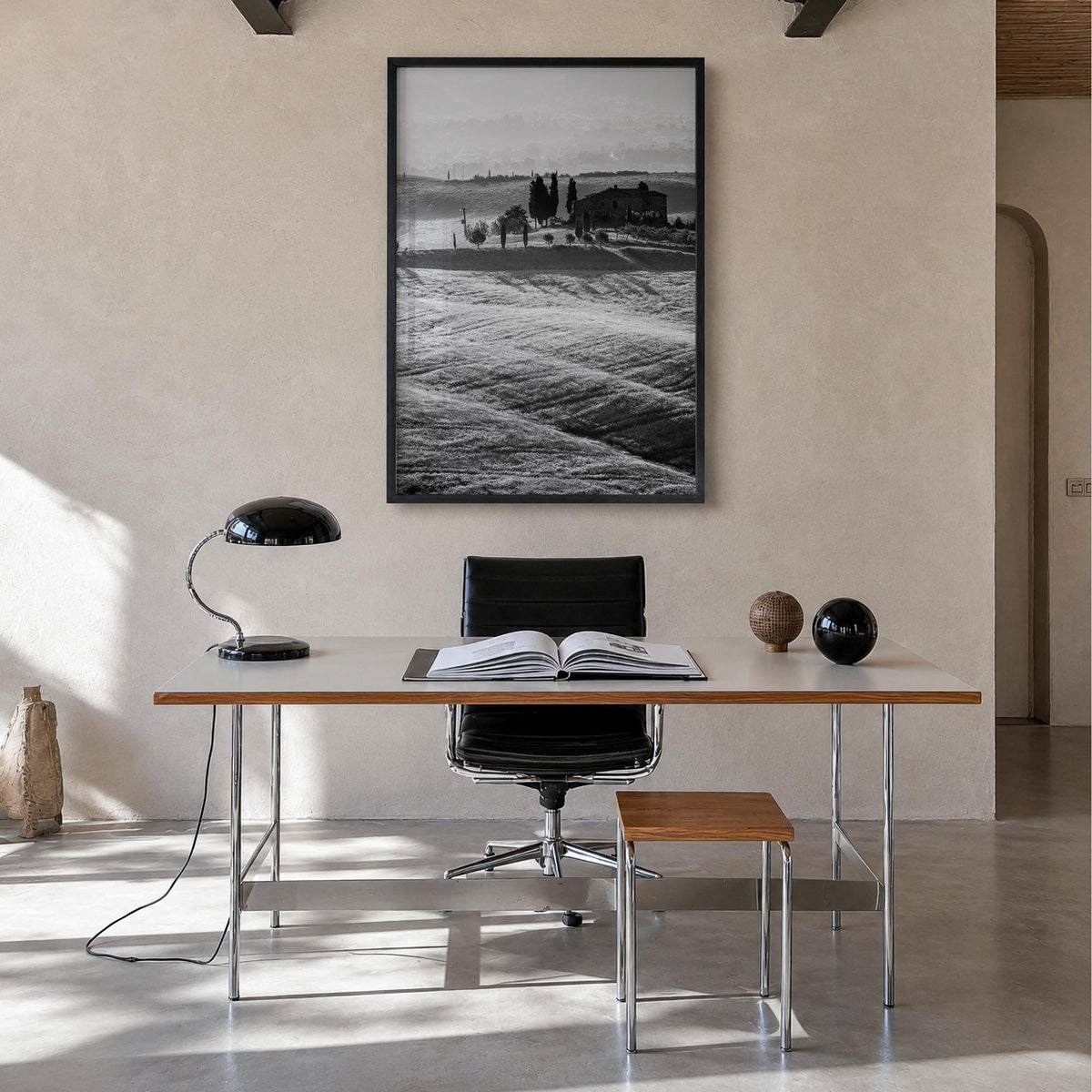 Tuscany no. 1 black & white photo poster of Italy – vertical wall art in black wood frame, hanging on wall