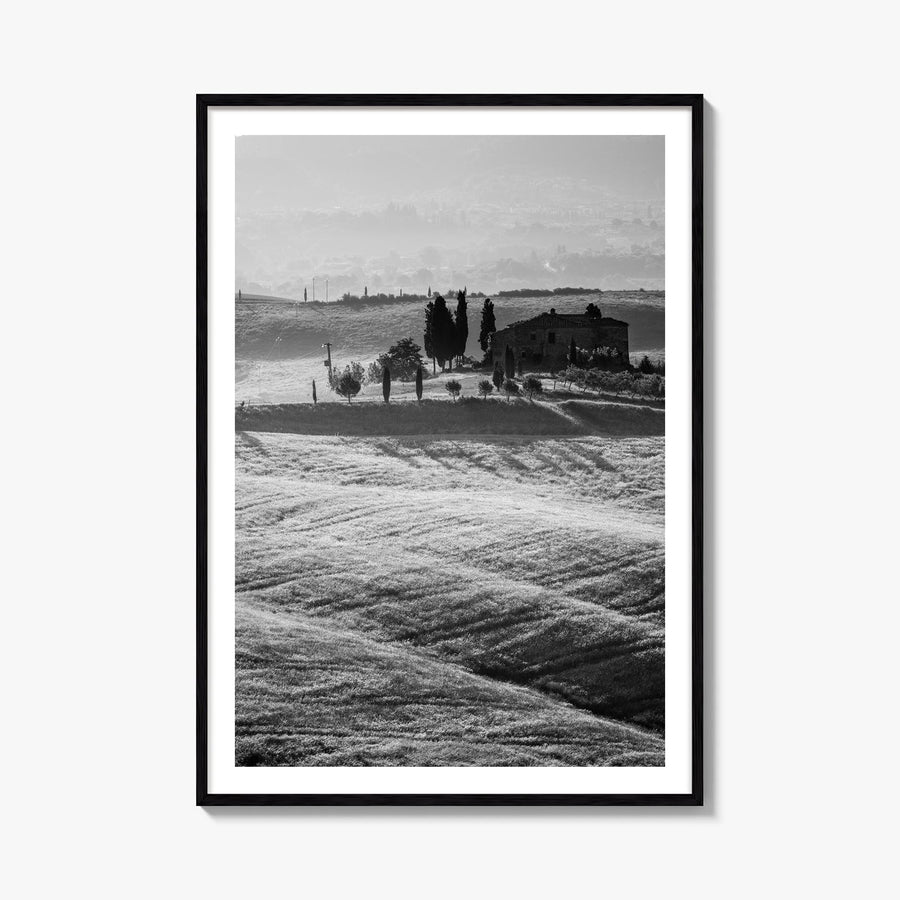 Tuscany no. 1 black & white photo poster of Italy – vertical wall art, unframed print shown in interior mockup