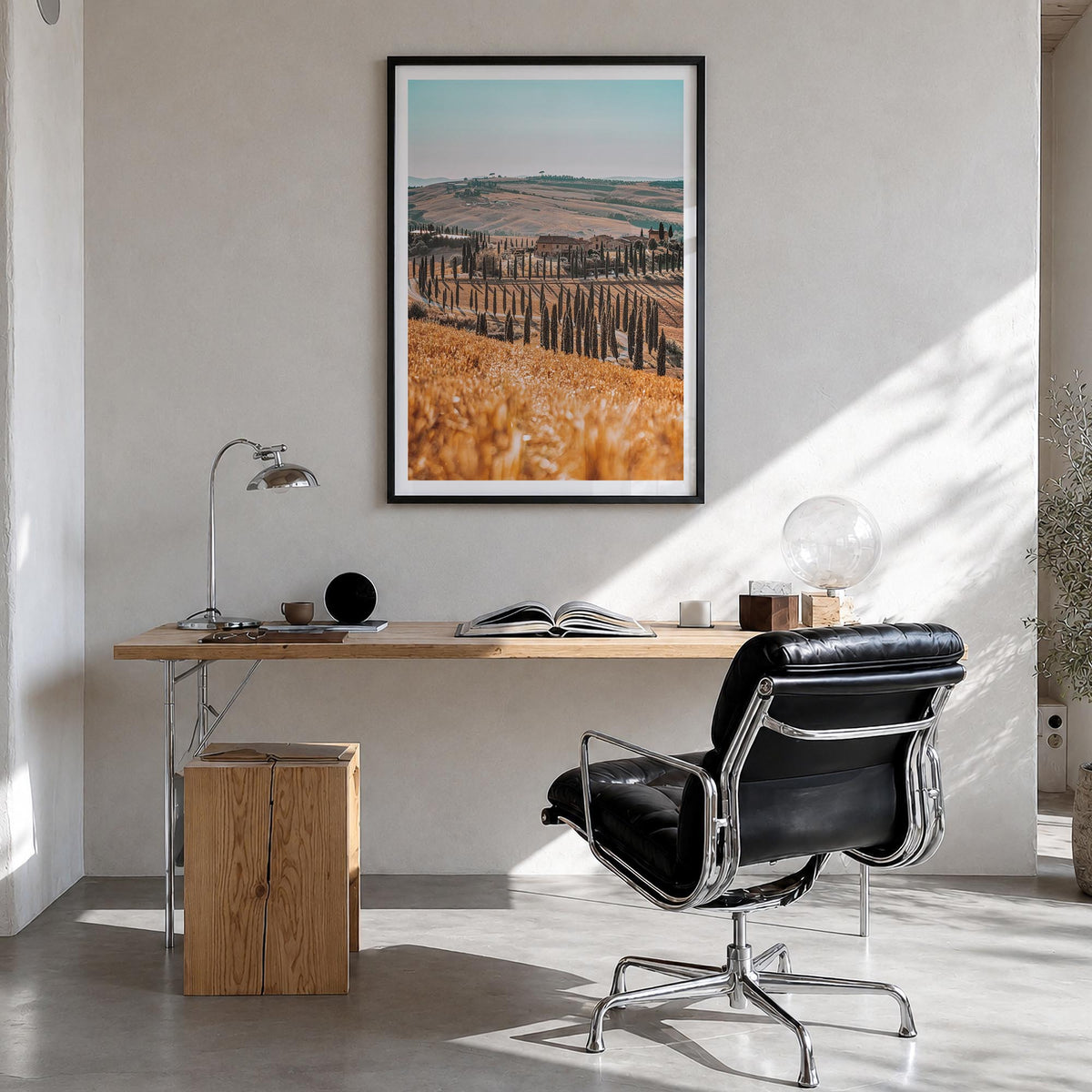 Tuscany no. 1 colorful photo poster of Italy – vertical wall art in black wood frame with white border, hanging on wall