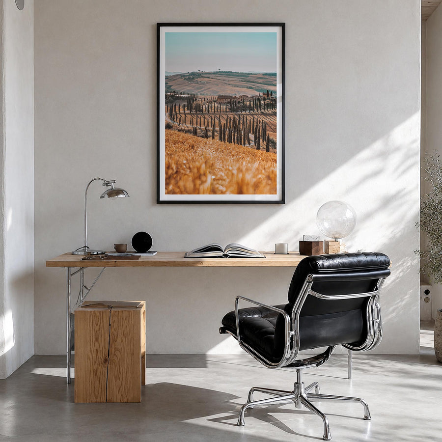 Tuscany no. 1 colorful photo poster of Italy – vertical wall art in black wood frame with white border, hanging on wall