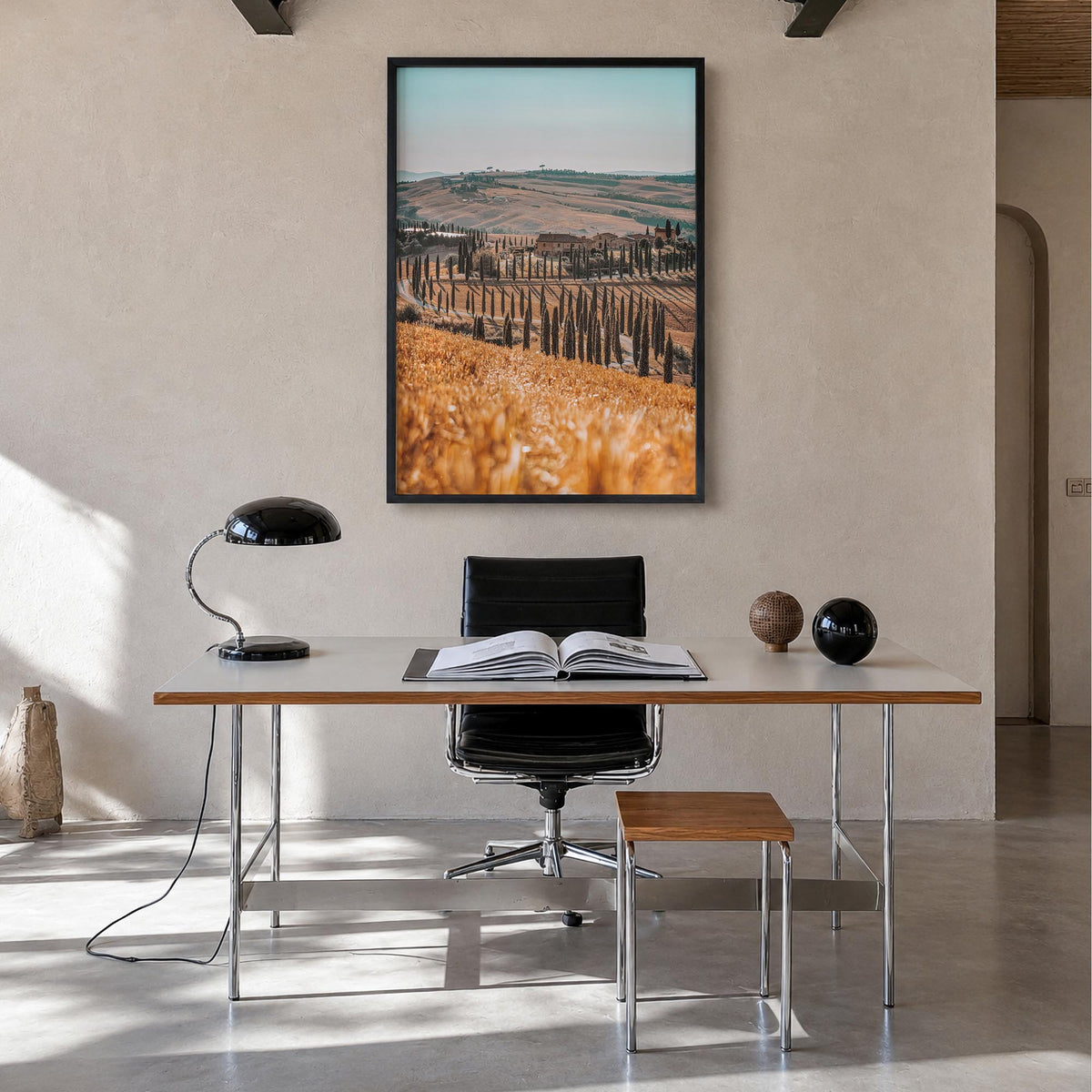 Tuscany no. 1 colorful photo poster of Italy – vertical wall art in black wood frame, hanging on wall