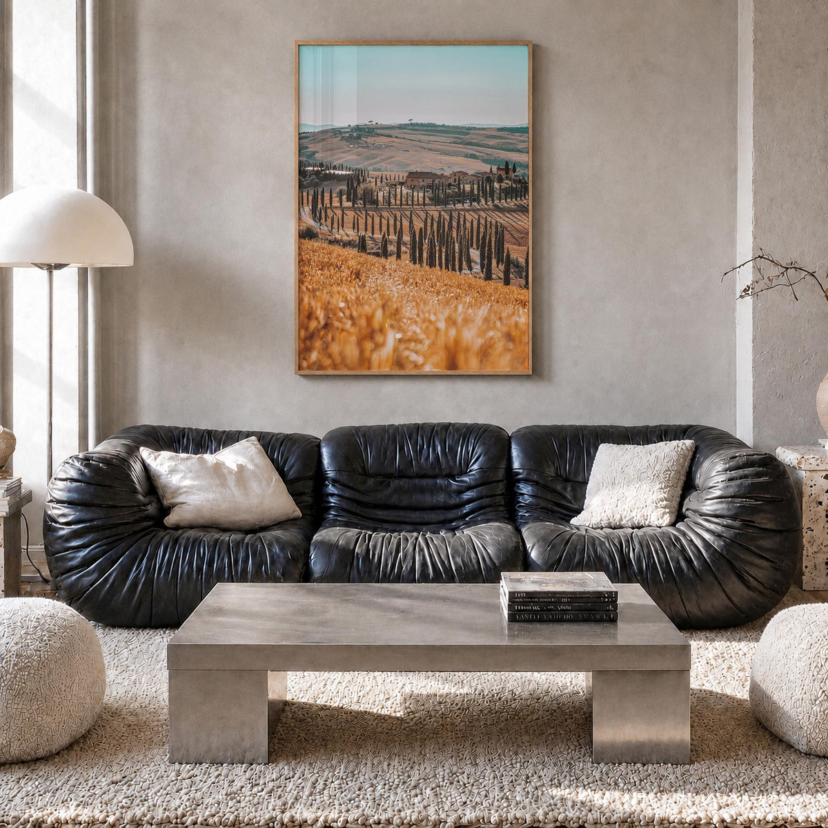Tuscany no. 1 colorful photo poster of Italy – vertical wall art in natural wood frame, hanging on wall