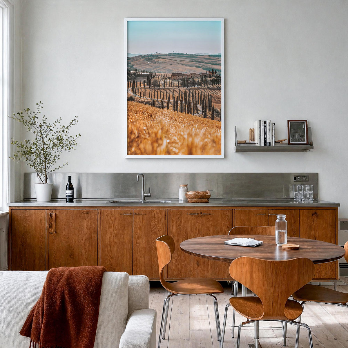 Tuscany no. 1 colorful photo poster of Italy – vertical wall art in white wood frame, hanging on wall