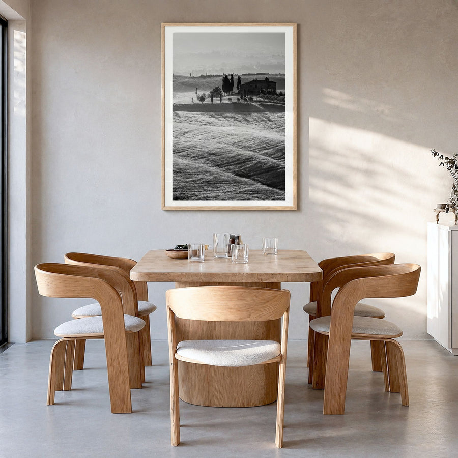 Tuscany Photo No 2 Poster in a natural wood frame, hanging in a dining room, white border