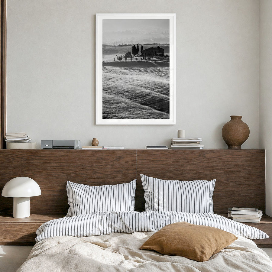 Tuscany Photo No 2 Poster in a white wood frame, hanging in a bedroom, white border