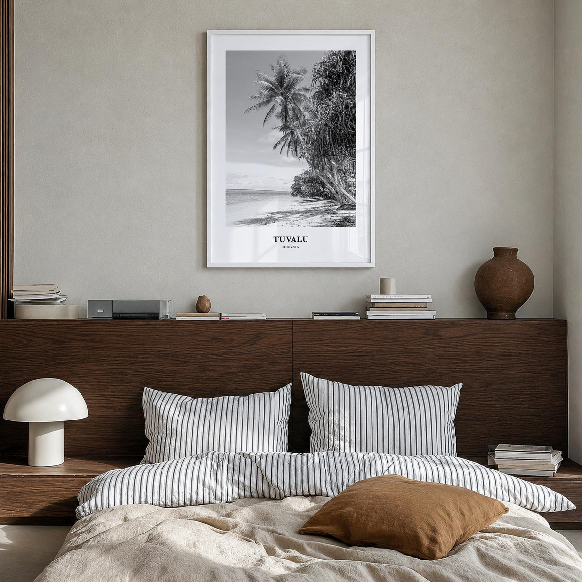 Tuvalu black & white classic poster of Oceania – vertical wall art in white wood frame, hanging on wall