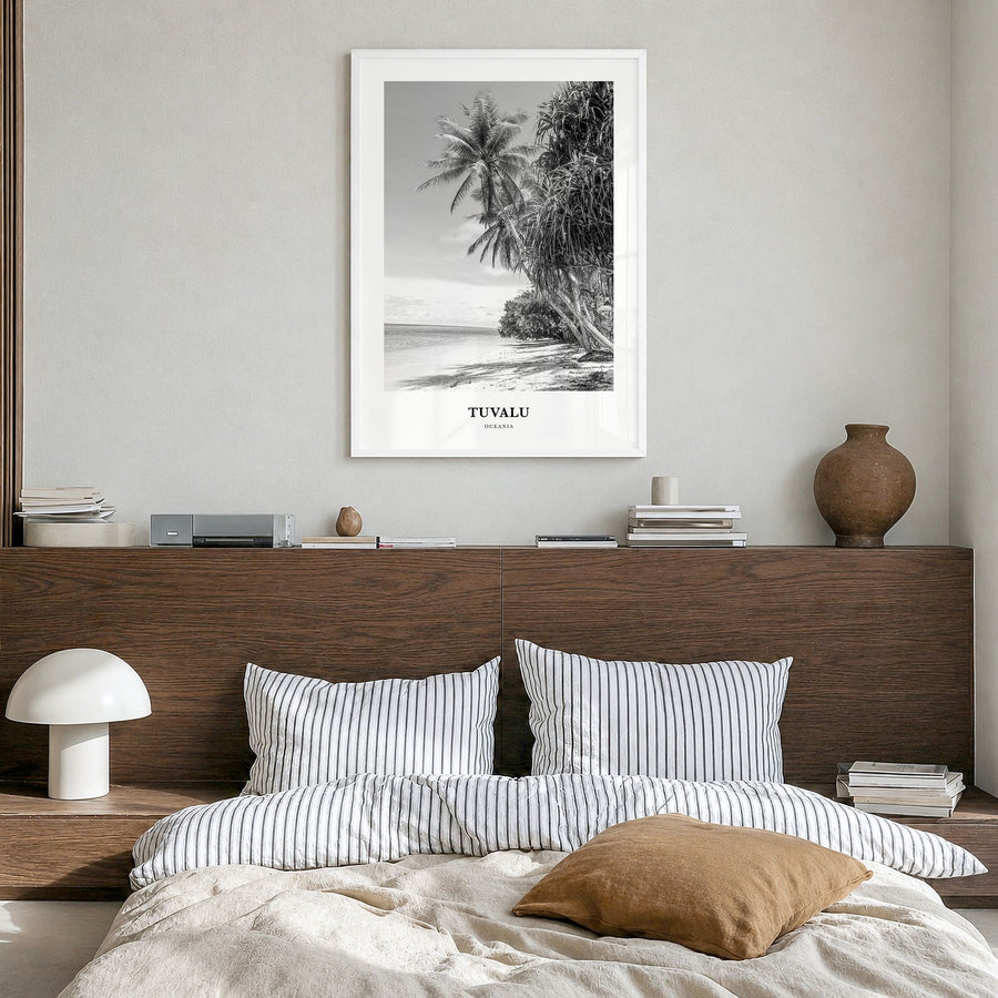 Tuvalu Classic Poster in a white wood frame, hanging in a bedroom
