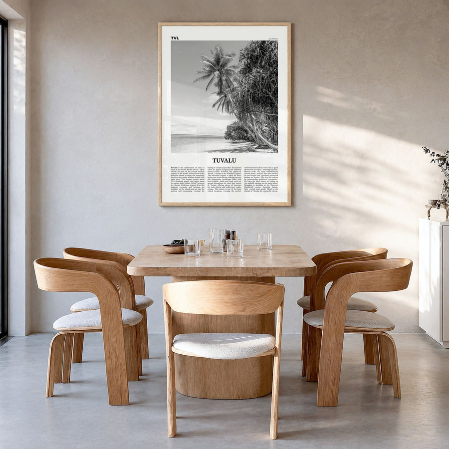 Tuvalu Newspaper Poster in a natural wood frame, hanging in a dining room