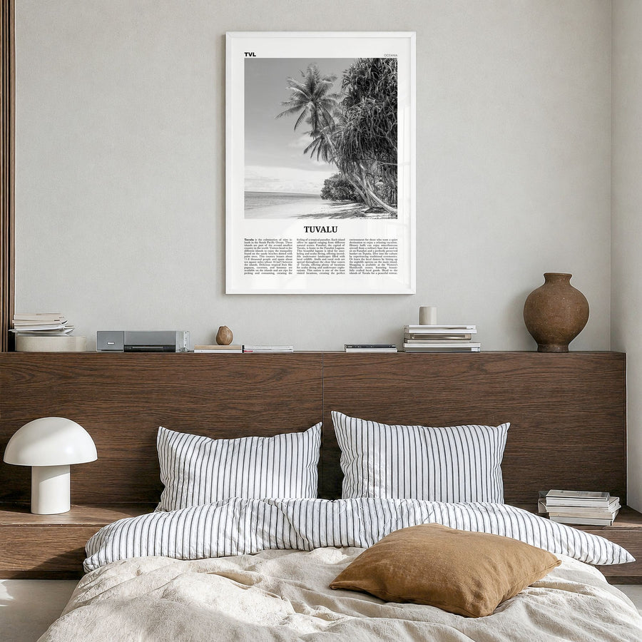 Tuvalu Newspaper Poster in a white wood frame, hanging in a bedroom