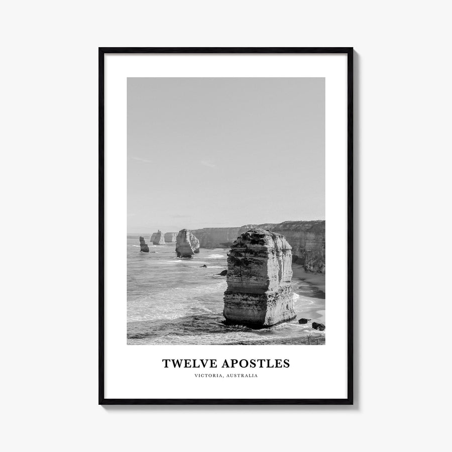 Twelve Apostles black & white classic poster of Australia – vertical wall art, unframed print shown in interior mockup