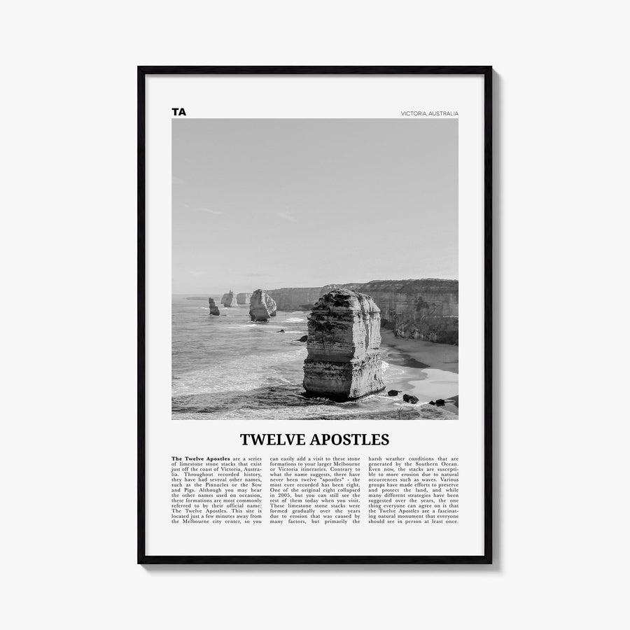 Twelve Apostles black & white newspaper poster of Australia – vertical wall art, unframed print shown in interior mockup