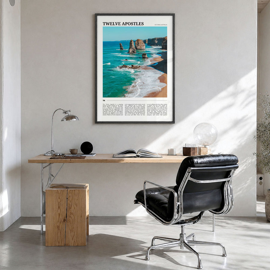 Twelve Apostles Travel Poster in a black wood frame, hanging in a bright home office