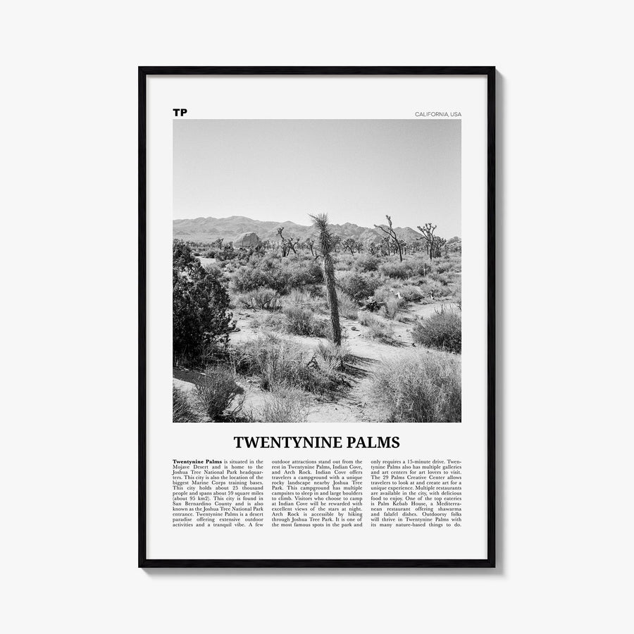 Twentynine Palms black & white newspaper poster of California, USA – vertical wall art, unframed print shown in interior mock