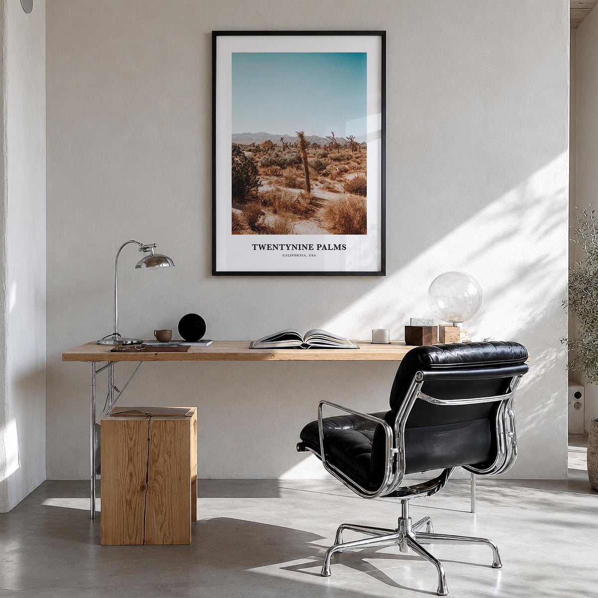Twentynine Palms colorful classic poster of California, USA – vertical wall art in black wood frame, hanging on wall