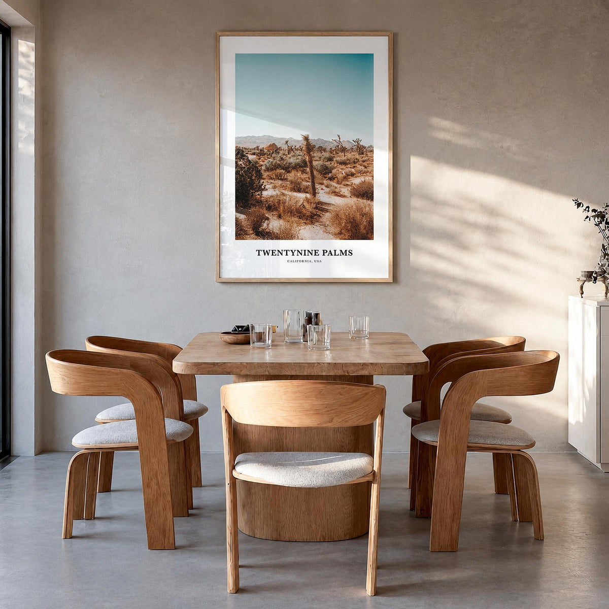 Twentynine Palms colorful classic poster of California, USA – vertical wall art in natural wood frame, hanging on wall