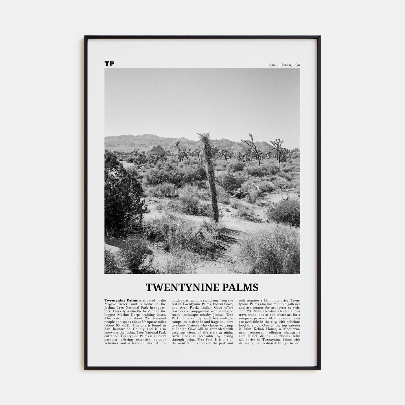 Twentynine Palms Poster Black Metal / 8x12 in Nbourhood Travel B&W Poster