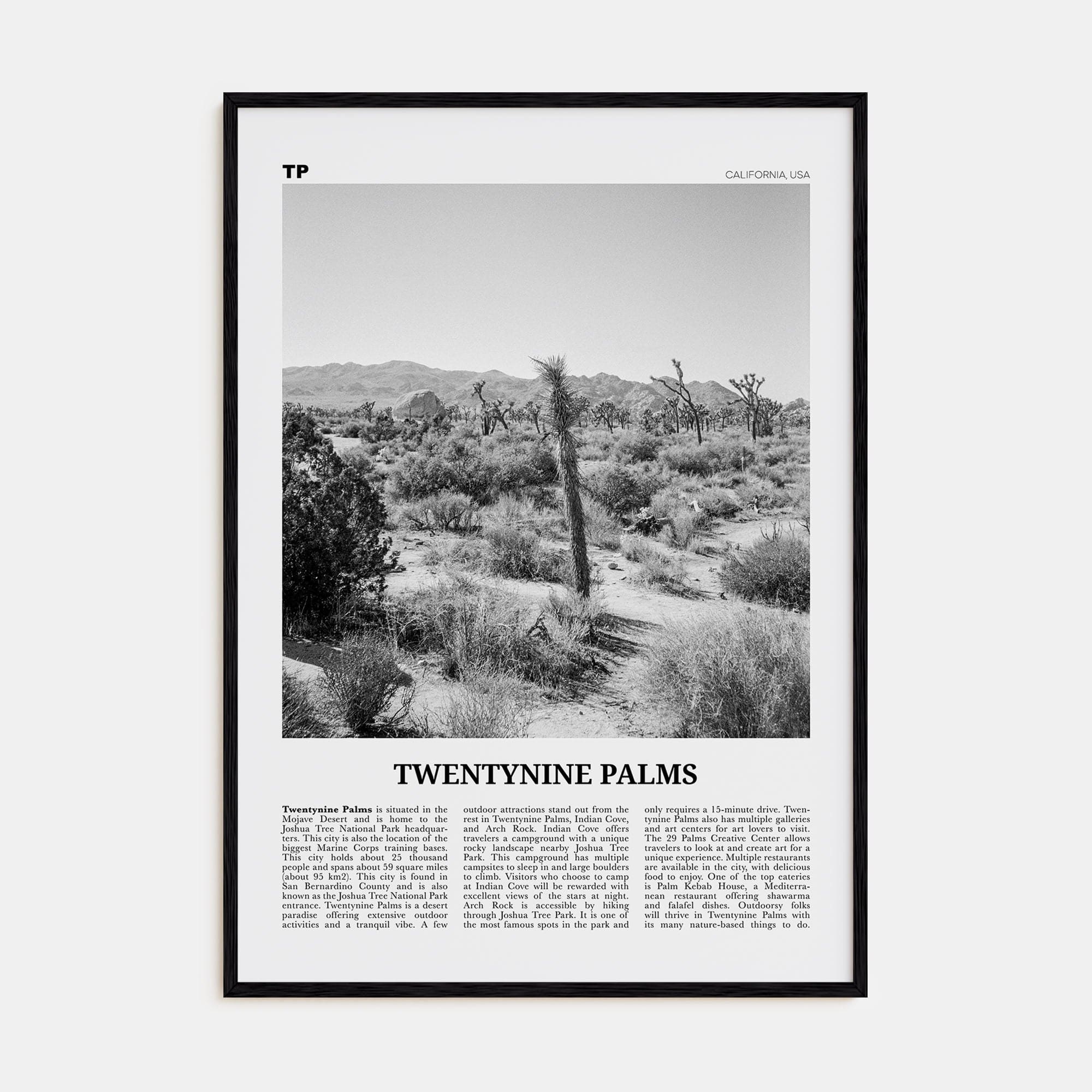 Twentynine Palms Poster Black Wood / 8x12 in Nbourhood Travel B&W Poster