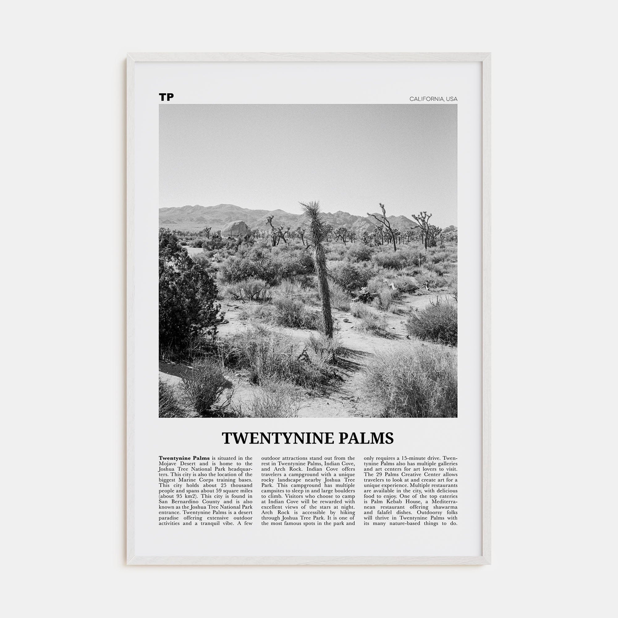 Twentynine Palms Poster White Wood / 8x12 in Nbourhood Travel B&W Poster