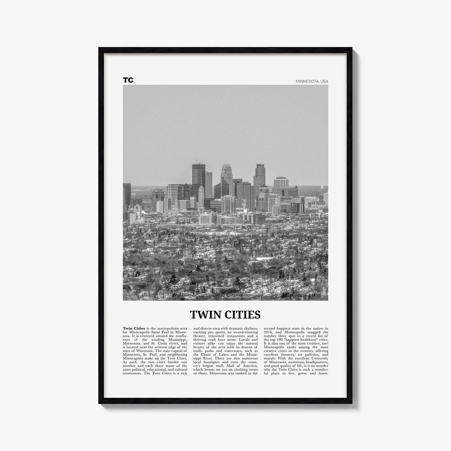 Twin Cities black & white newspaper poster of Minnesota, USA – vertical wall art, unframed print shown in interior mockup