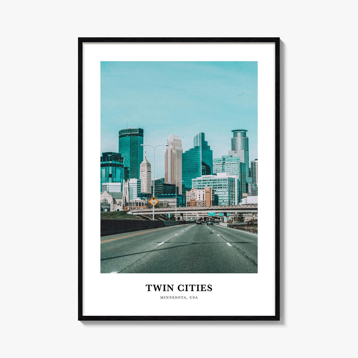 Twin Cities colorful classic poster of Minnesota, USA – vertical wall art, unframed print shown in interior mockup