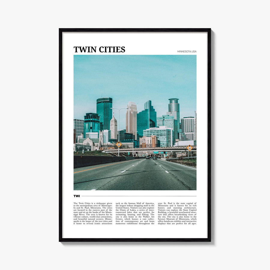 Twin Cities colorful travel poster of Minnesota, USA – vertical wall art, unframed print shown in interior mockup