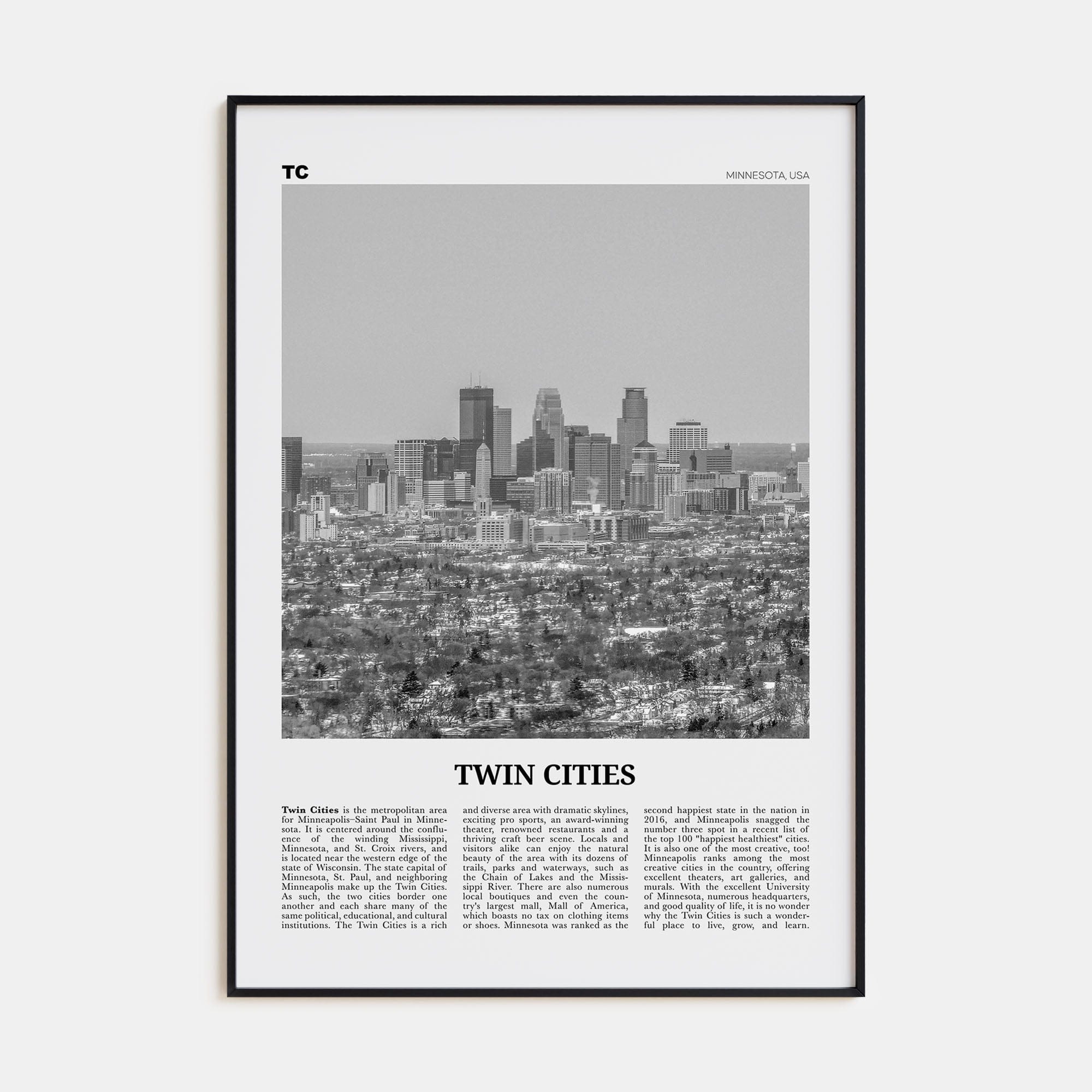 Twin Cities Poster Black Metal / 8x12 in Nbourhood Travel B&W Poster