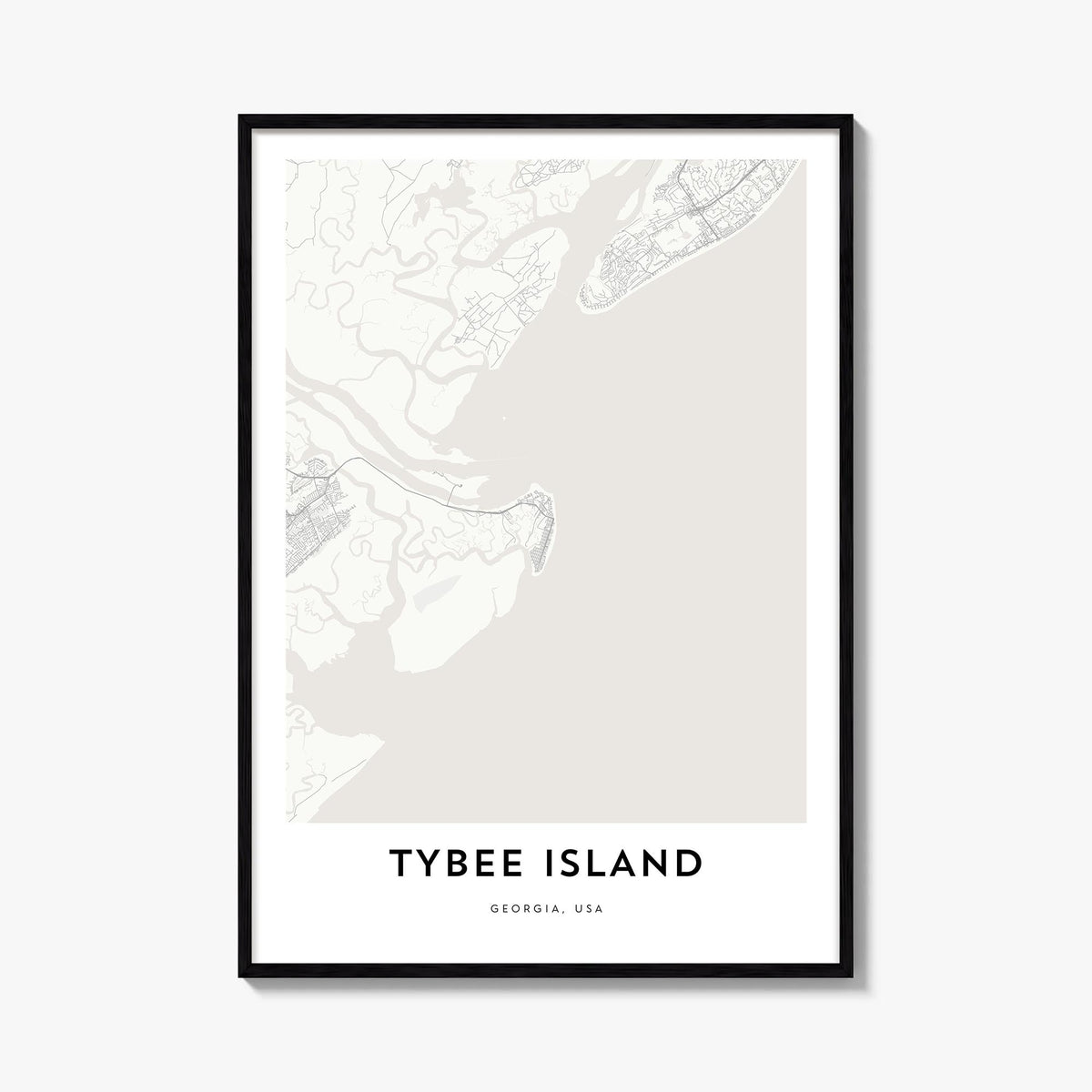 Tybee Island black & white map poster of Georgia, USA – vertical wall art, unframed print shown in interior mockup