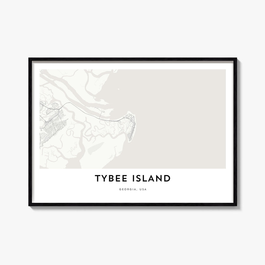 Tybee Island black & white map poster of Georgia, USA – horizontal wall art, unframed print shown in interior mockup