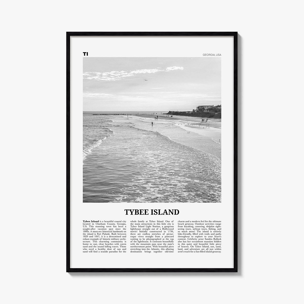 Tybee Island black & white newspaper poster of Georgia, USA – vertical wall art, unframed print shown in interior mockup