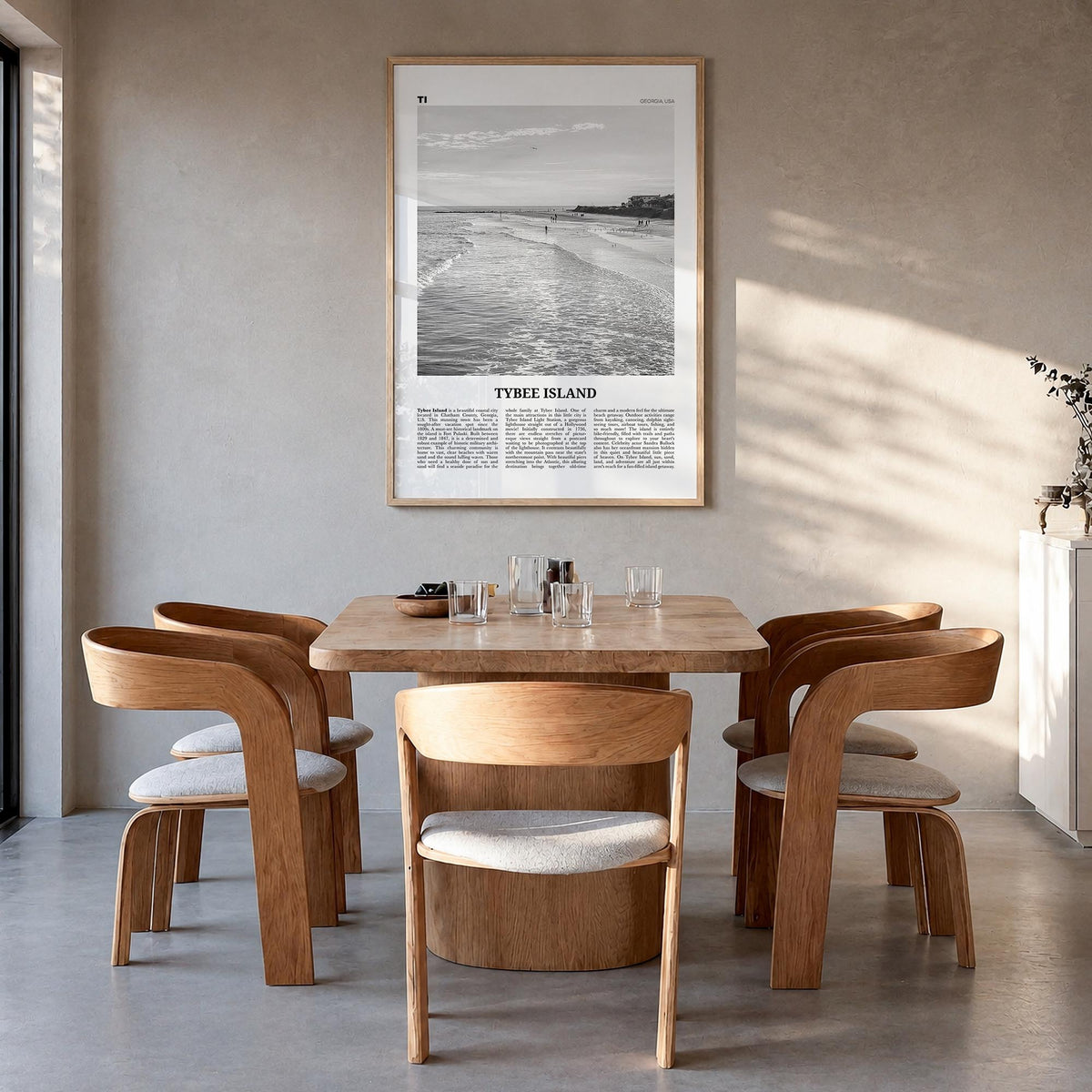 Tybee Island black & white newspaper poster of Georgia, USA – vertical wall art in natural wood frame, hanging on wall