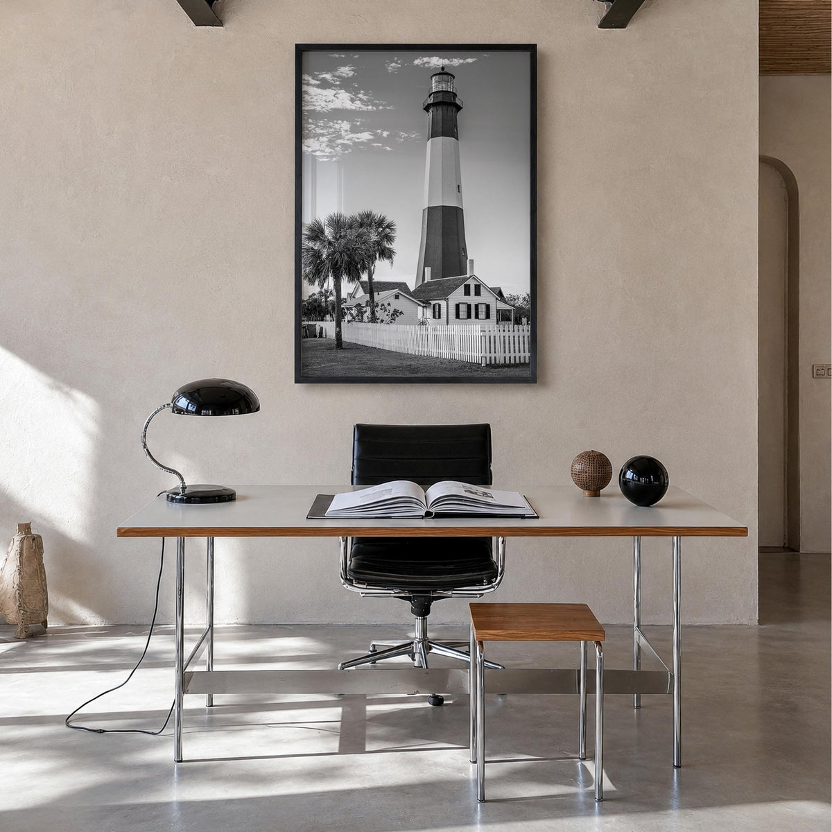 Tybee Island black & white photo poster of Georgia, USA – vertical wall art in black wood frame, hanging on wall