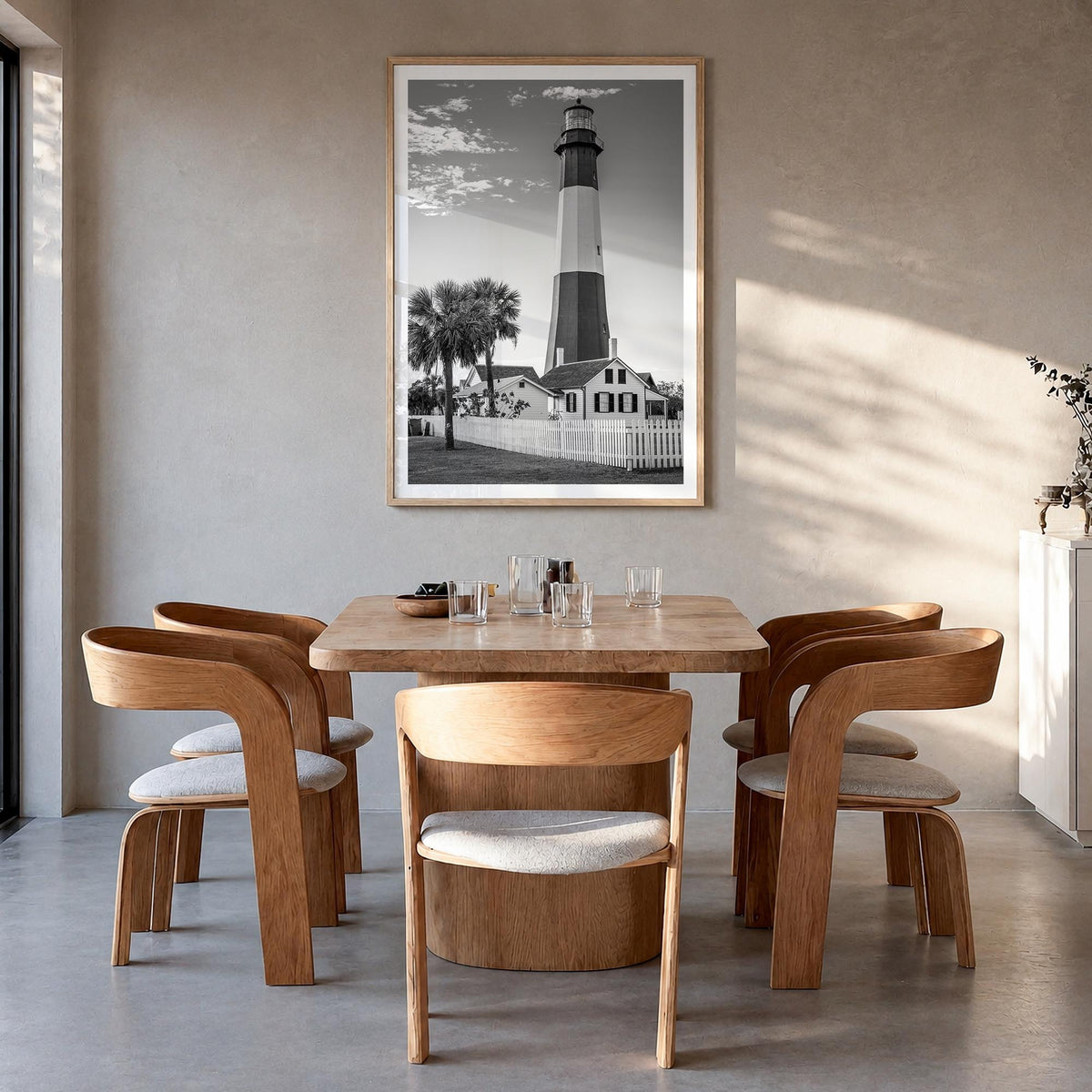 Tybee Island black & white photo poster of Georgia, USA – vertical wall art in natural wood frame with white border, hanging 