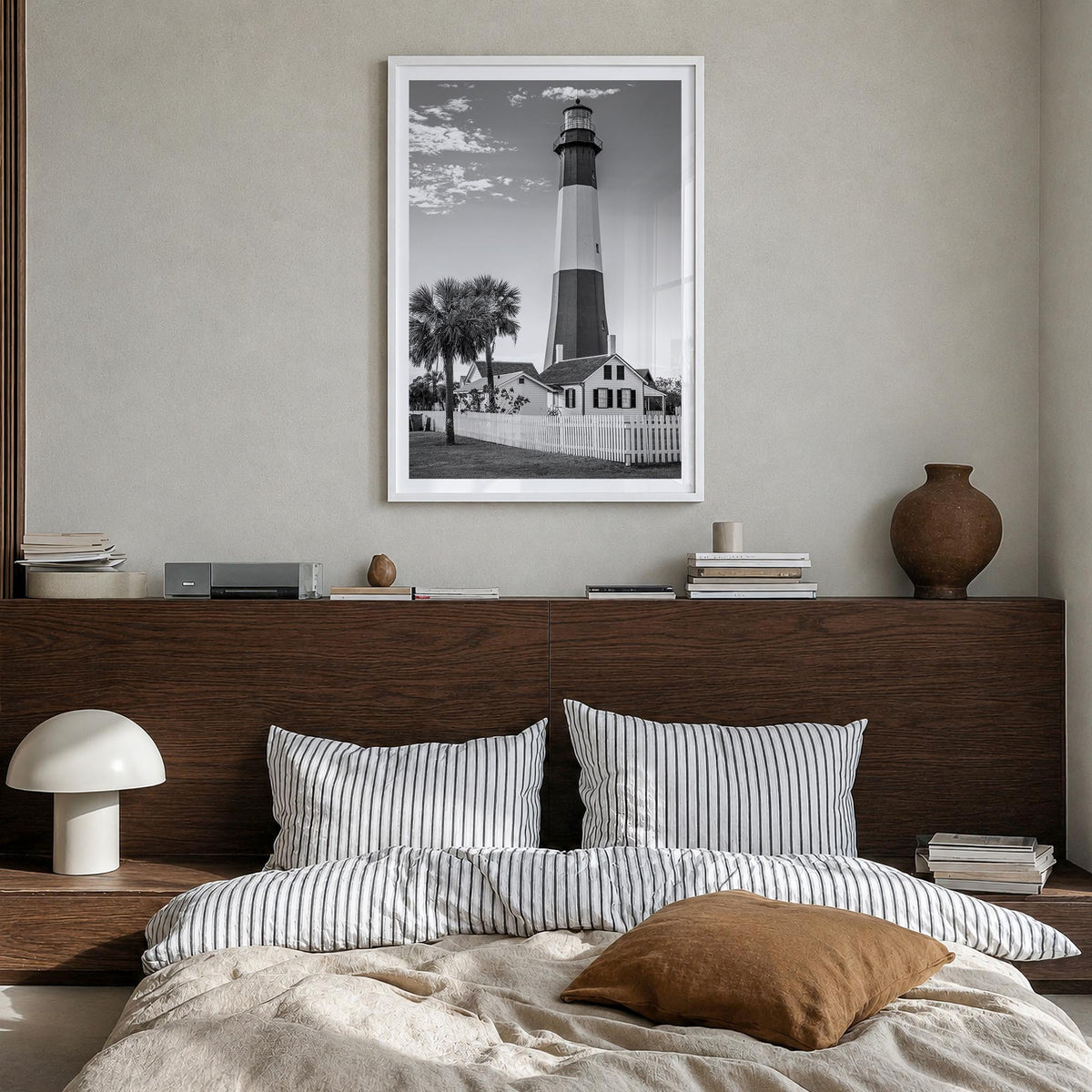 Tybee Island black & white photo poster of Georgia, USA – vertical wall art in white wood frame with white border, hanging on