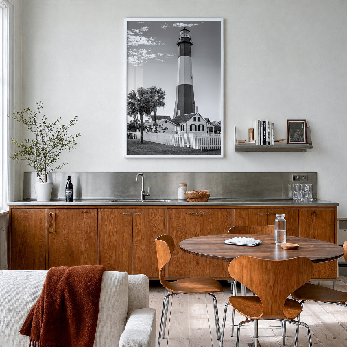Tybee Island black & white photo poster of Georgia, USA – vertical wall art in white wood frame, hanging on wall