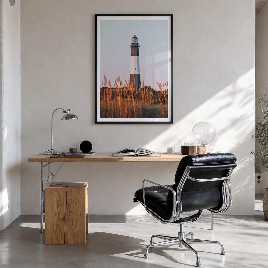Tybee Island colorful photo poster of Georgia, USA – vertical wall art in black wood frame with white border, hanging on wall