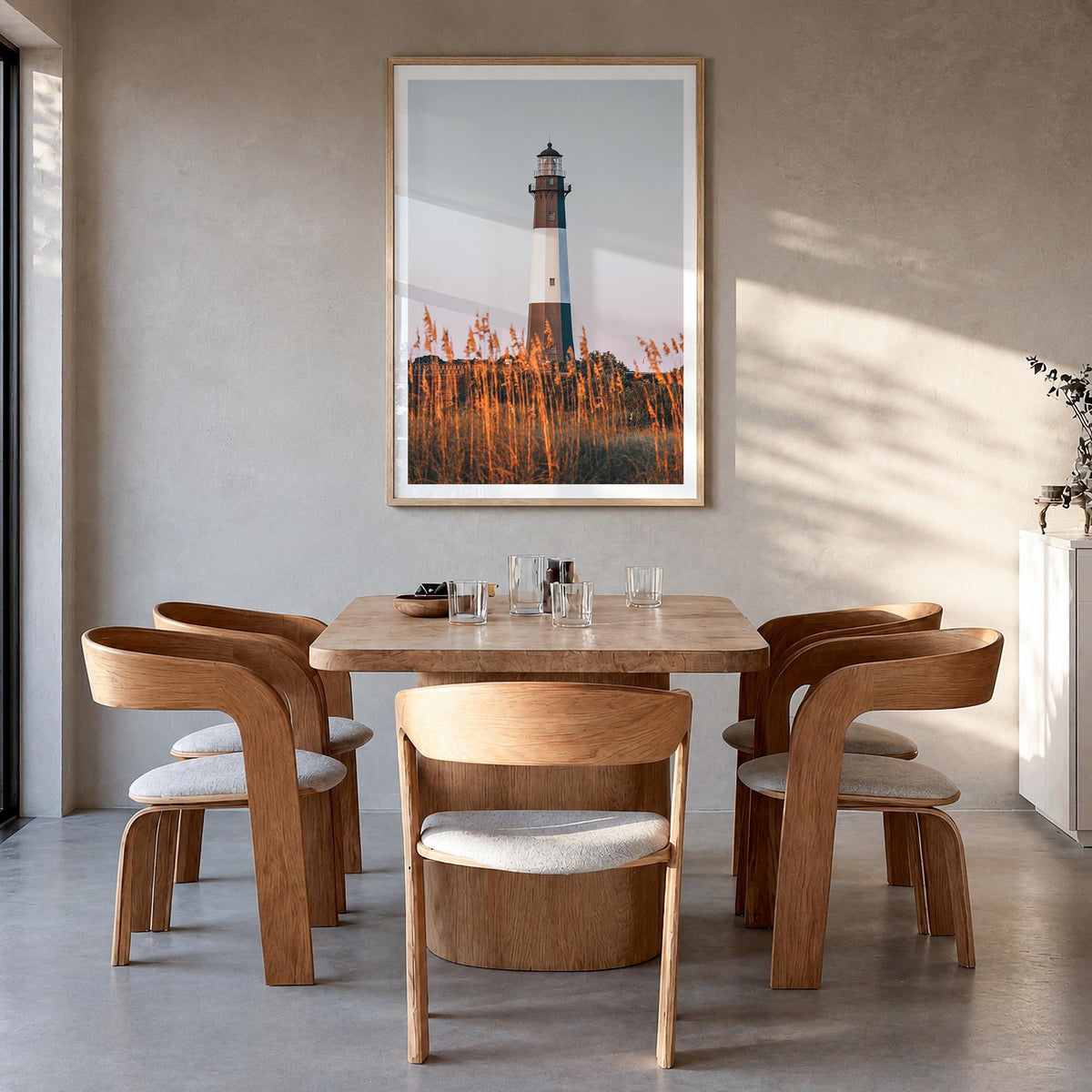 Tybee Island colorful photo poster of Georgia, USA – vertical wall art in natural wood frame with white border, hanging on wa
