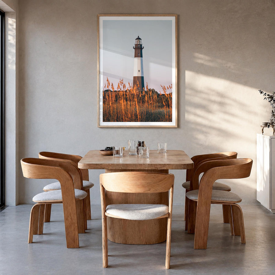 Tybee Island colorful photo poster of Georgia, USA – vertical wall art in natural wood frame with white border, hanging on wa