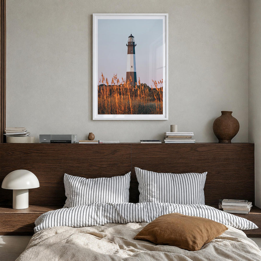 Tybee Island colorful photo poster of Georgia, USA – vertical wall art in white wood frame with white border, hanging on wall