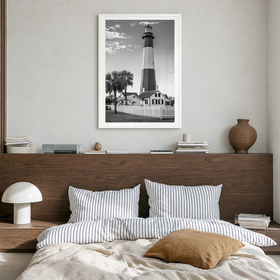 Tybee Island Photo Poster in a white wood frame, hanging in a bedroom, white border