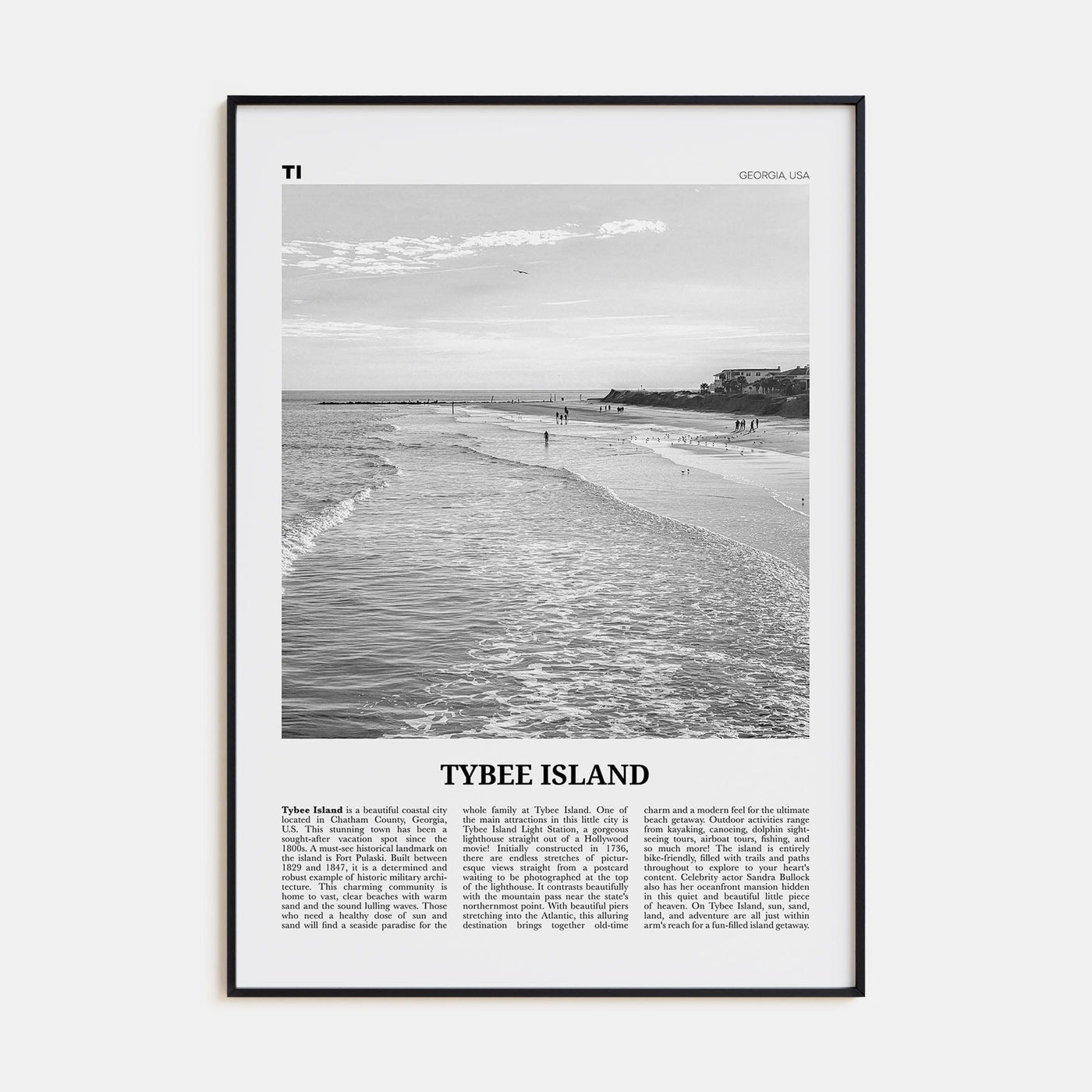 Tybee Island Poster Black Metal / 8x12 in Nbourhood Travel B&W Poster