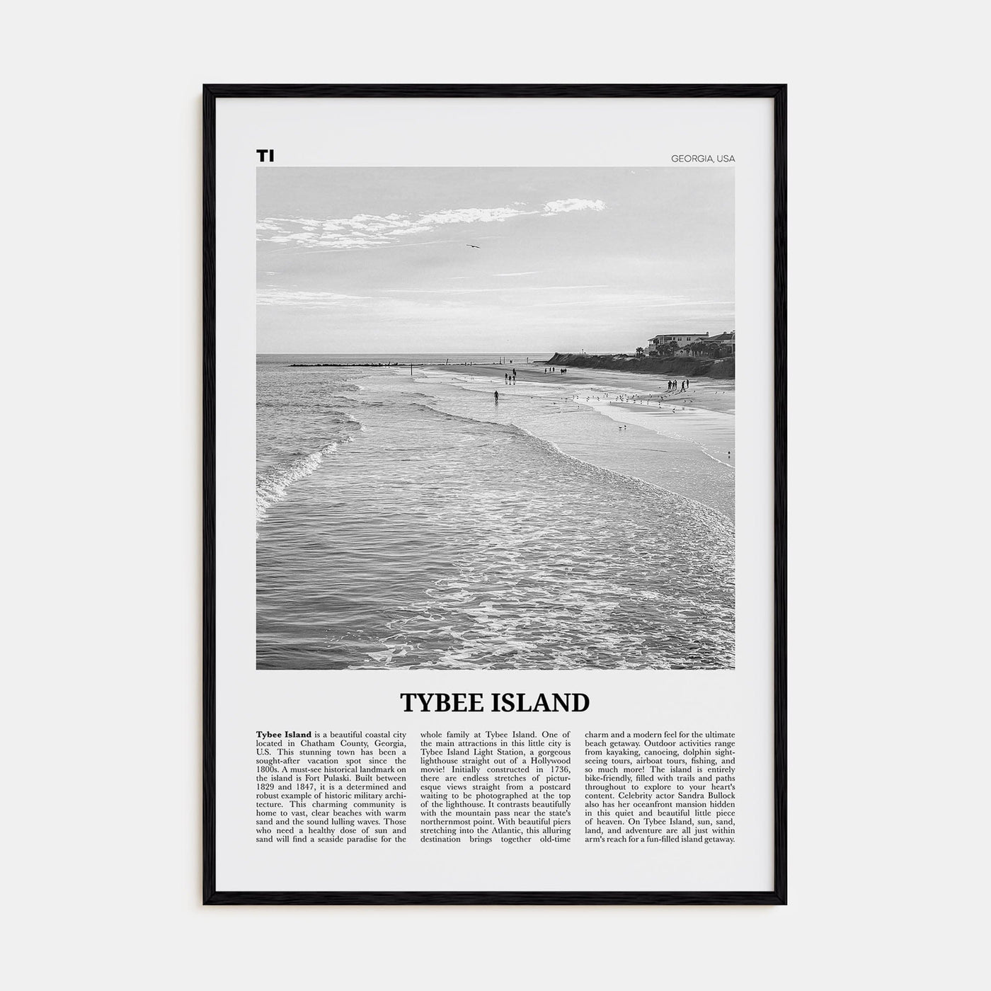 Tybee Island Poster Black Wood / 8x12 in Nbourhood Travel B&W Poster