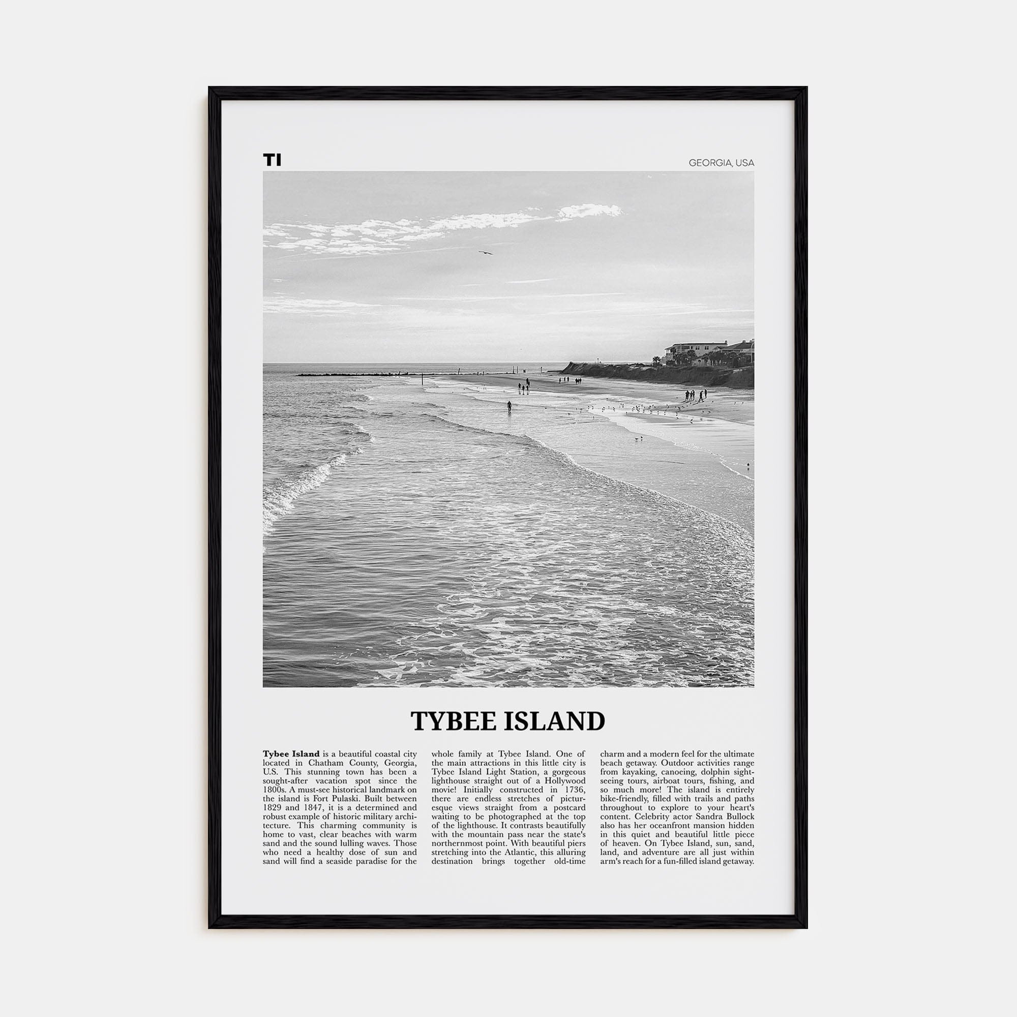 Tybee Island Poster Black Wood / 8x12 in Nbourhood Travel B&W Poster